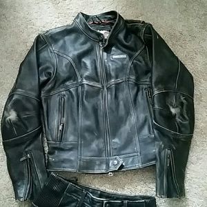 Heavy leather Jacket and Leather pants.